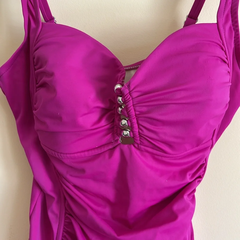 Swim Solutions Shirred Tummy-Control One-Piece in Hot Pink/Fuchsia Size 14 - Picture 4 of 7